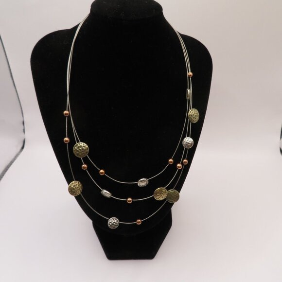 Floating Wire Gold Silver Tone Hammered Discs and Beads Necklace - Picture 1 of 6